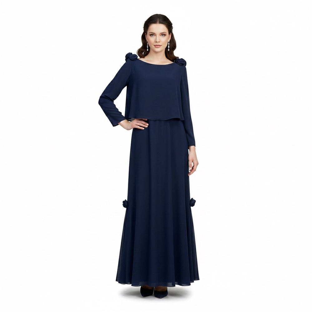 Jovani Navy Blue Off Shoulder Full Length Gown with Rosette Details Size 10